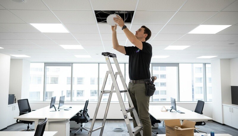 PIP technician mounting a Ubiquiti WiFi access point on the ceiling of a modern office building