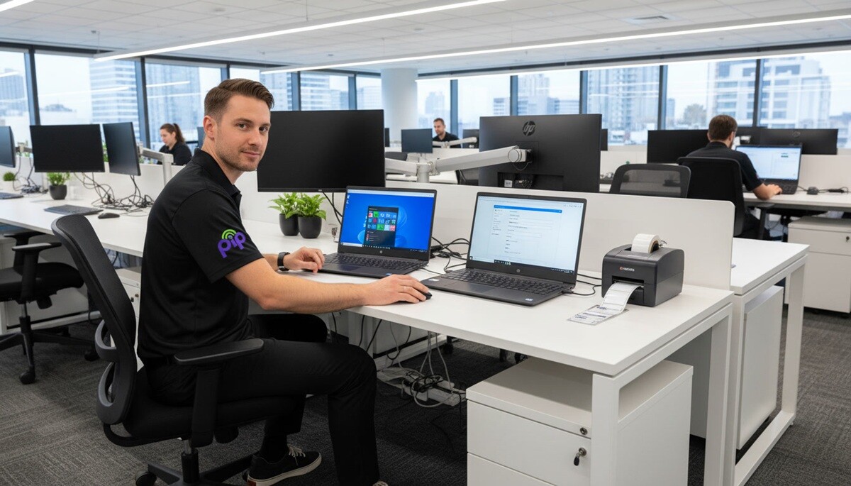 PIP technician configuring two HP EliteBook business laptops at a workbench — one on a Windows 11 Pro setup screen, one on a domain join screen