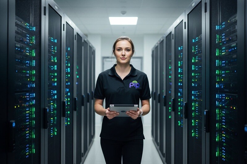 Professional clinical-grade server room with organised racks, active green and blue LED indicators and structured cabling