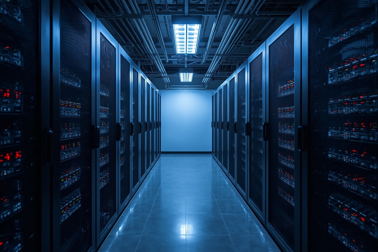 Professional server room with organised racks housing MedicalDirector cloud hosting environments