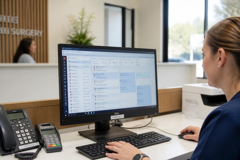 GP practice administration screen showing MedicalDirector clinical records and billing interface