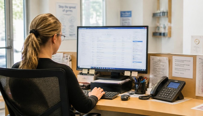 GP clinic administration desk with Medical Director software interface on screen