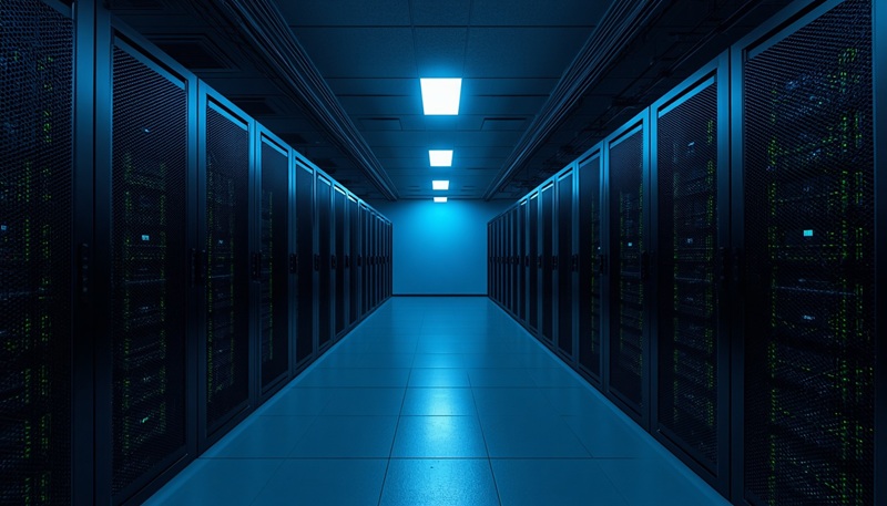 Professional server room with organised racks and green LED indicators