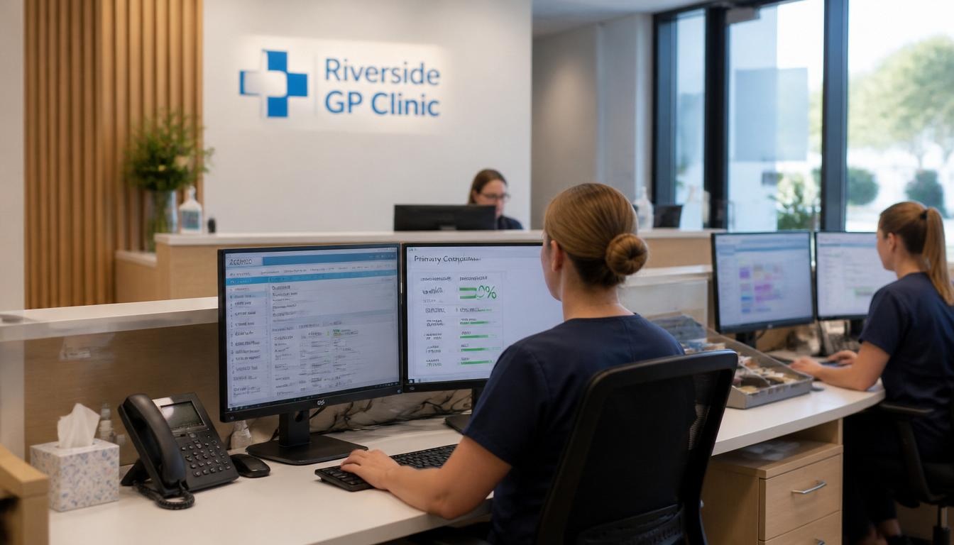 Australian GP clinic administration area with staff at workstations showing clinical software and compliance monitoring