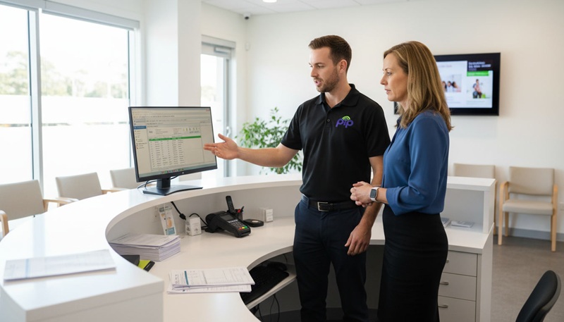 PIP IT technician in a black PIP polo working at a Sydney GP clinic reception desk alongside a practice manager, clinical software on the monitor
