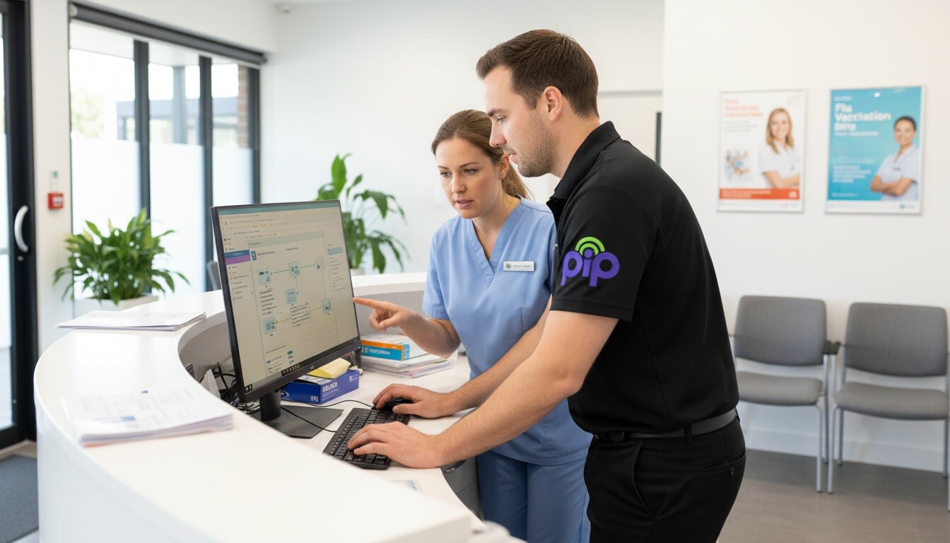 PIP technician in a black PIP polo troubleshooting a workstation at a Sydney GP clinic reception desk while a staff member watches the screen