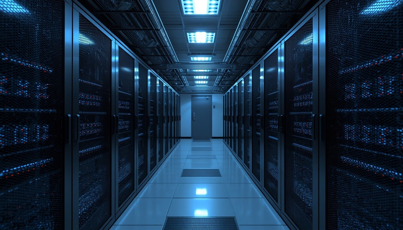 Clean enterprise server room with organised rack cabinets, active LED indicators and structured cabling