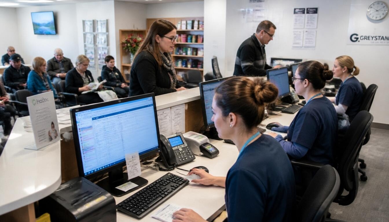 Busy Sydney GP clinic reception during a working day with staff at workstations and patients seated in the waiting area