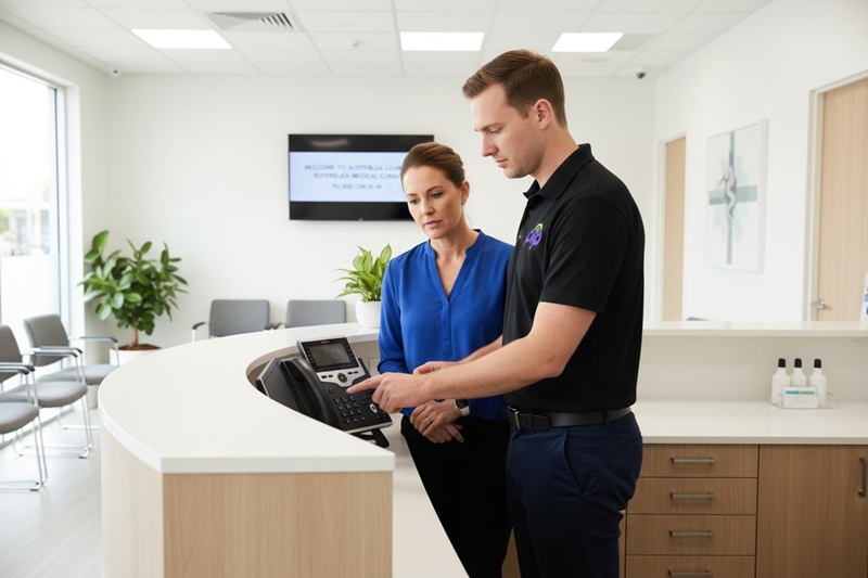 PIP IT technician in black polo configuring VoIP phone system at a medical practice reception desk