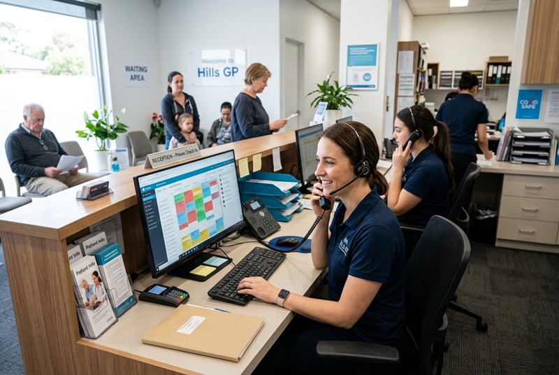 Busy Australian GP clinic reception with receptionists on headsets managing high call volumes