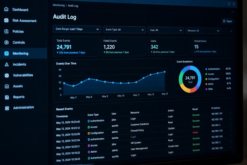 Compliance monitoring dashboard on screen showing audit logs and access controls