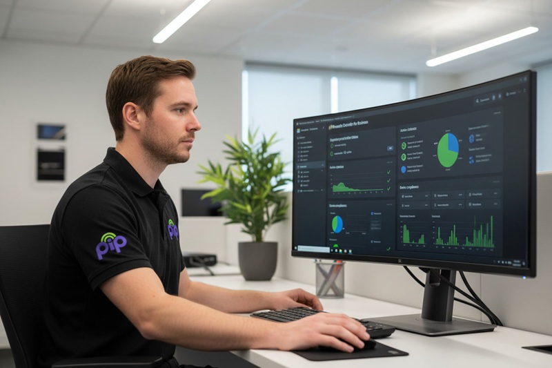 PIP technician reviewing Microsoft Defender for Business security dashboard