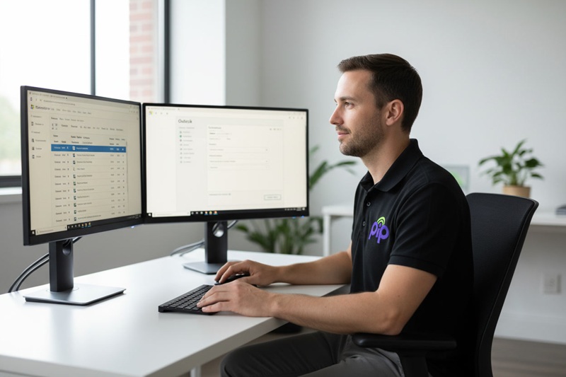 PIP technician configuring Microsoft 365 admin centre and Outlook
