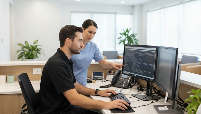 PIP IT technician in black polo configuring clinical software at a Sydney GP clinic reception desk with practice staff nearby