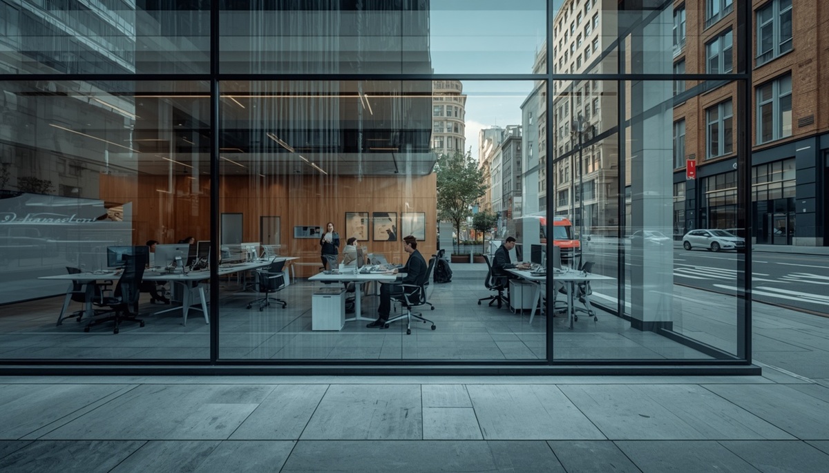 Modern Sydney commercial office building with office workers visible through glass facade