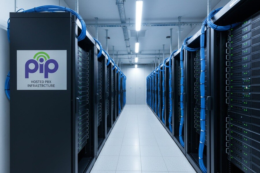 PIP Sydney Datacentre server racks with active indicator LEDs and structured cabling