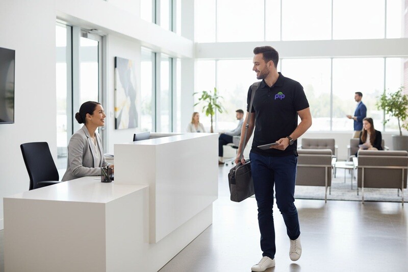 PIP IT technician in black PIP polo shirt walking through open-plan Sydney office carrying laptop bag, greeting staff member at reception desk, natural professional not posed, modern office lobby, natural light
