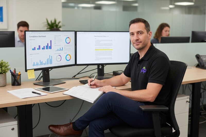 PIP IT professional in smart casual black PIP polo shirt seated at desk with dual monitors displaying a compliance dashboard and policy document, making notes in a structured review session, calm professional environment conveying process and accountability