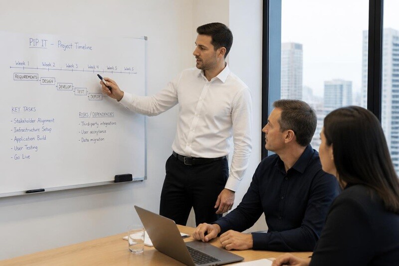 PIP IT project manager in smart casual black PIP polo shirt standing at whiteboard in small Sydney office meeting room, sketching a project timeline for two colleagues who are attentive and engaged, relaxed professional working environment