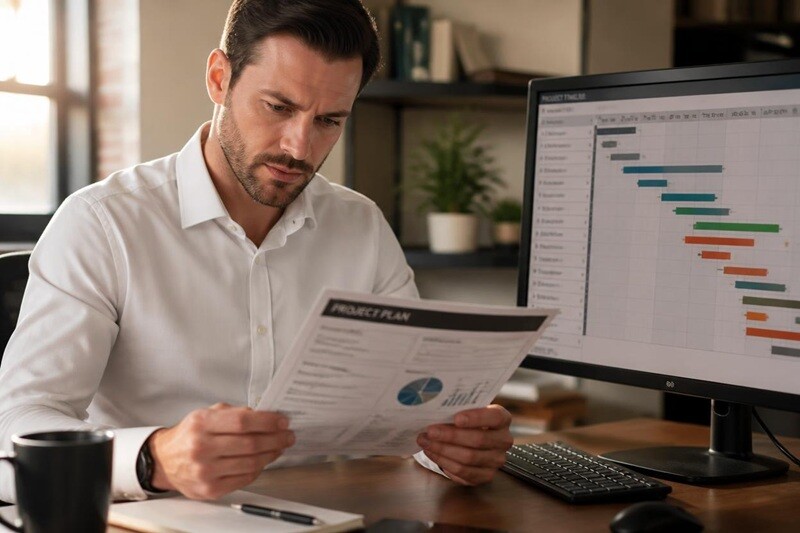 PIP IT project manager in smart casual black PIP polo shirt seated at desk with large monitor displaying a Gantt chart project timeline, reviewing printed project plan with focused deliberate expression, modern office warm natural light
