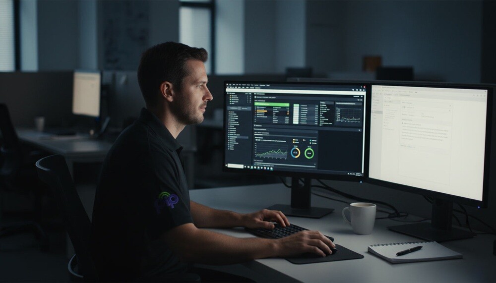 PIP IT technician in black PIP polo shirt working at desk with dual monitors in a quiet dimly lit office, conveying after-hours support, monitoring dashboard on one screen and service ticket on the other, calm and focused