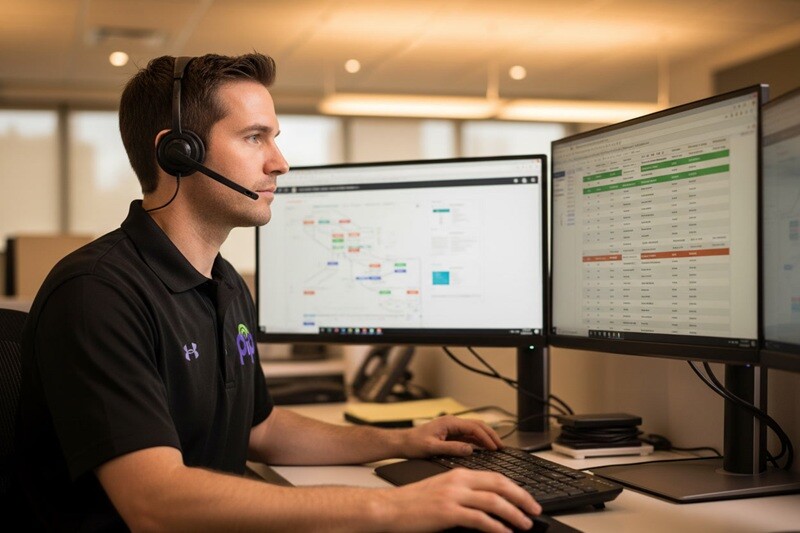 PIP IT technician in smart casual clothing with black PIP polo shirt, seated at help desk workstation with headset, focused on service desk ticketing interface, professional and calm, modern office, warm lighting