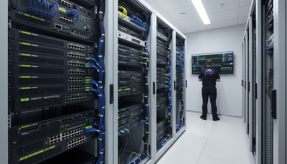 PIP's Sydney Datacentre server room with racks, clean cabling, and a PIP technician monitoring infrastructure