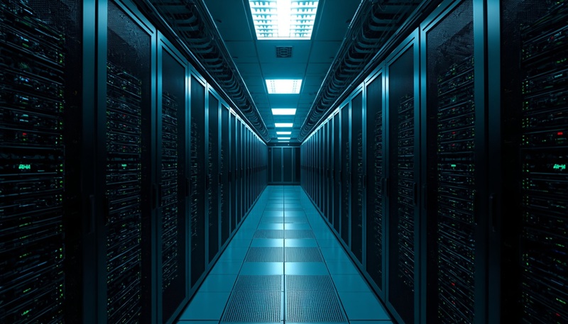 Interior of PIP's Sydney Datacentre showing neatly organised server racks with green indicator LEDs, structured cabling and cool blue-white lighting