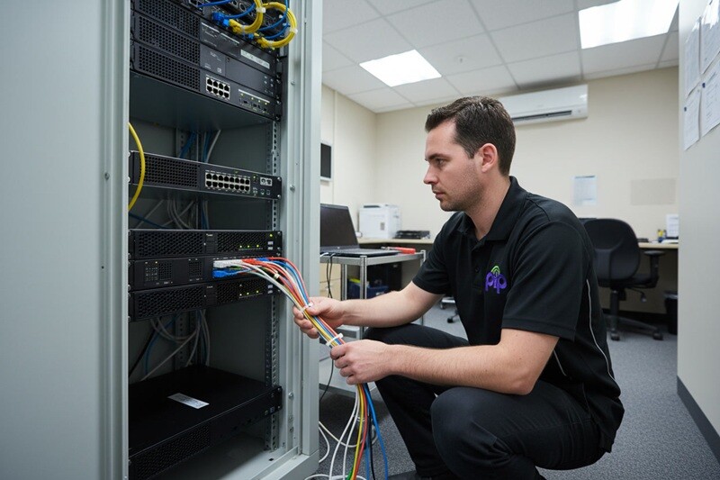 PIP IT technician in black PIP polo shirt crouched at open server rack in small Sydney business server room, methodically connecting cables, focused expression, fluorescent lighting, tidy functional space