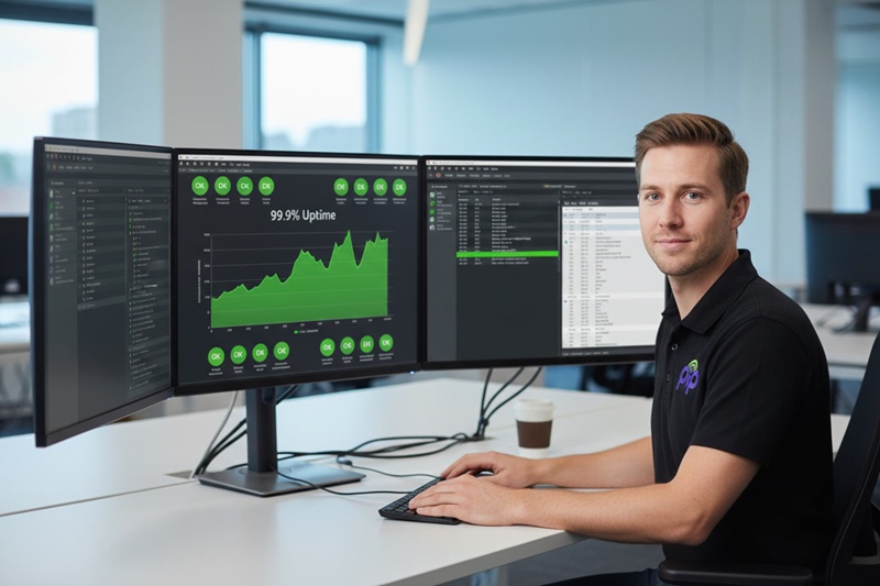 PIP technician at desk with triple monitors showing a network monitoring dashboard with green status indicators and uptime graphs