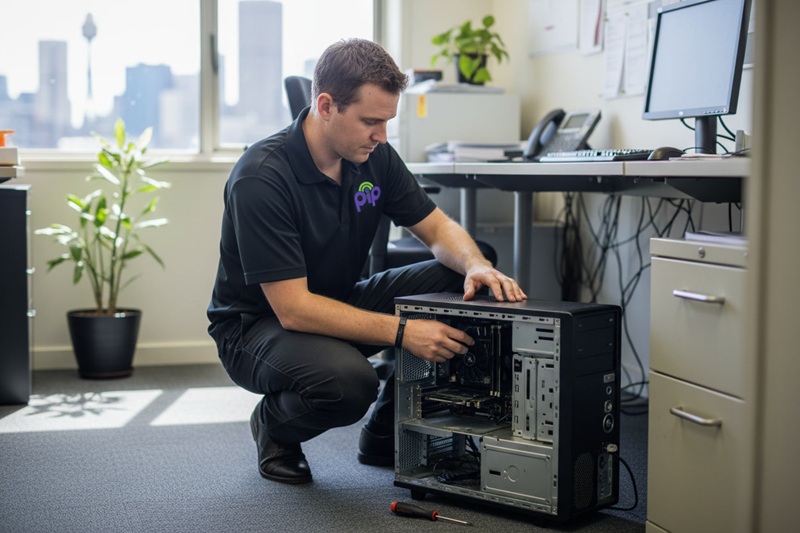 PIP technician replacing a component in a desktop workstation in a small Sydney business office, natural lighting