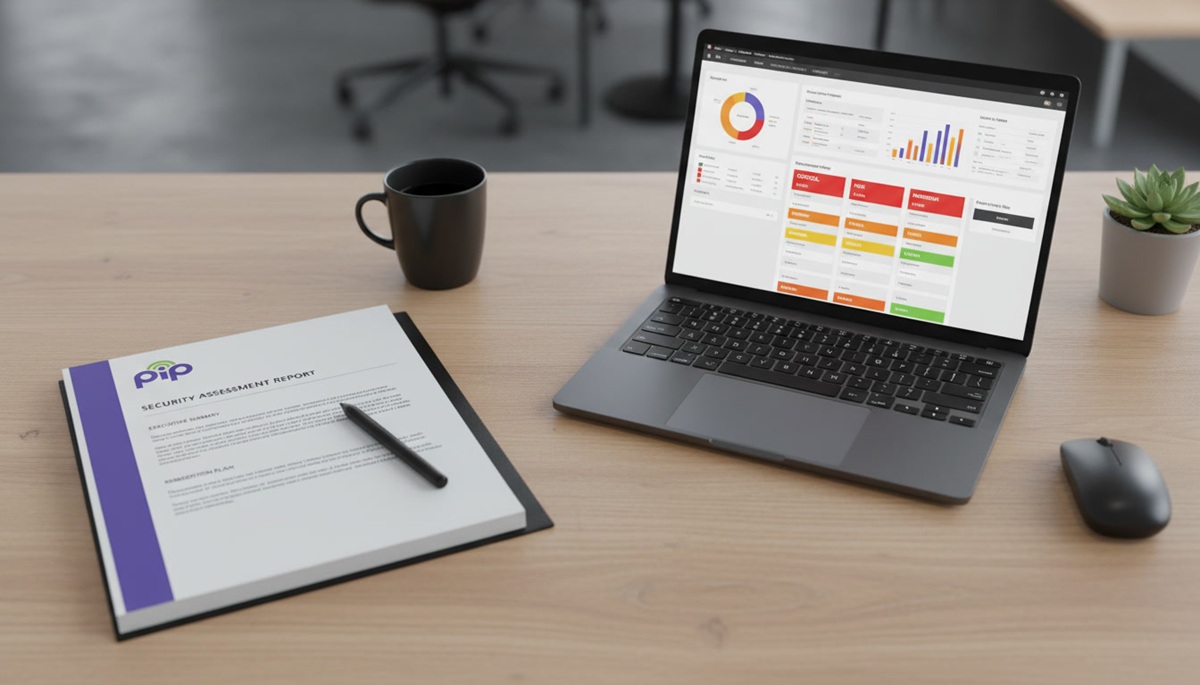 Clean desk with structured security report and laptop showing a risk dashboard with severity ratings