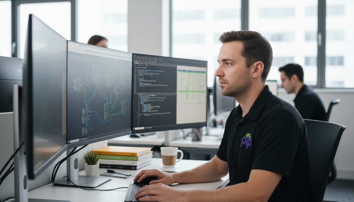 PIP technician at workstation with multiple monitors showing network topology, terminal windows and a structured pen testing report
