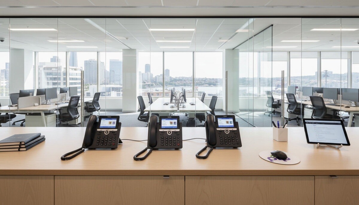 Modern Sydney office reception desk with Yealink IP phones neatly arranged