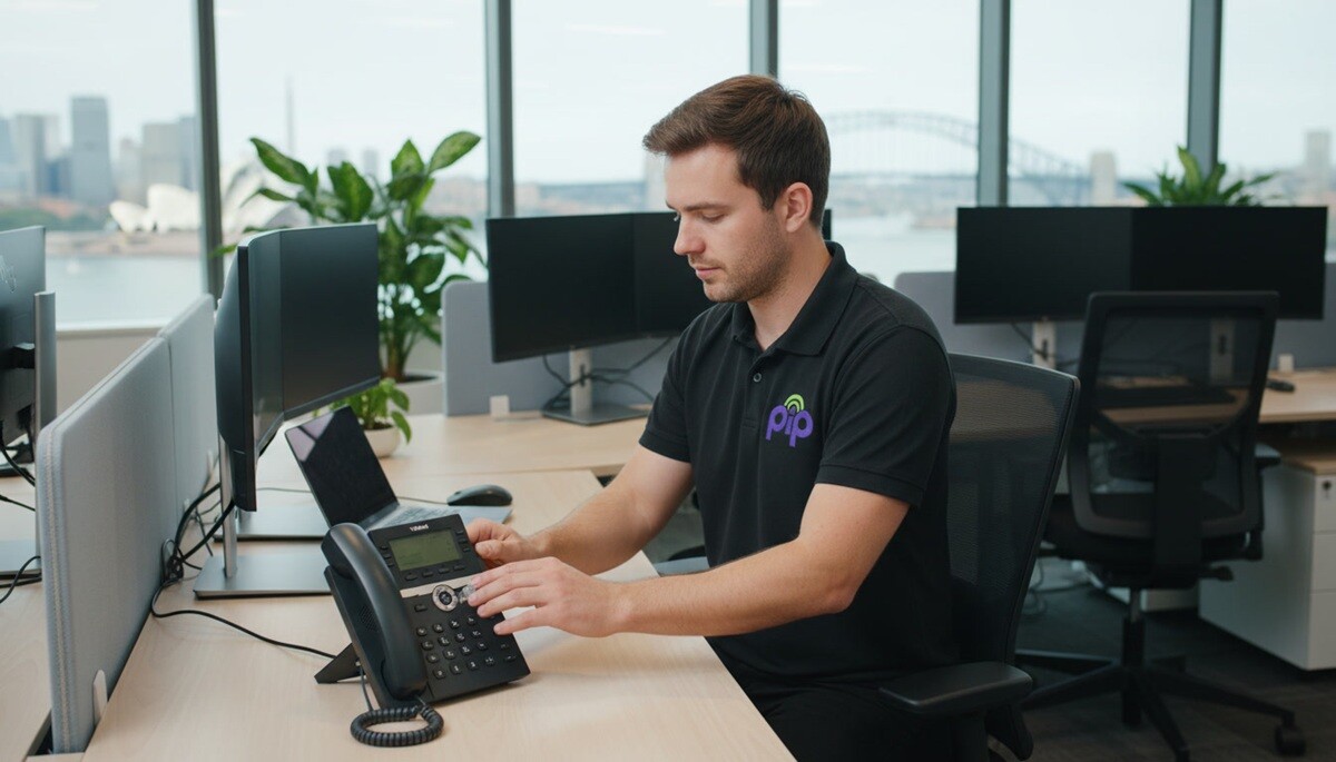 PIP technician installing a Yealink IP desk phone at a Sydney office workstation
