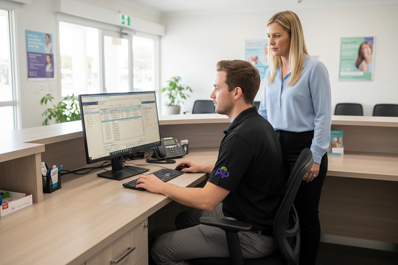PIP technician configuring practice management software at a GP clinic desk