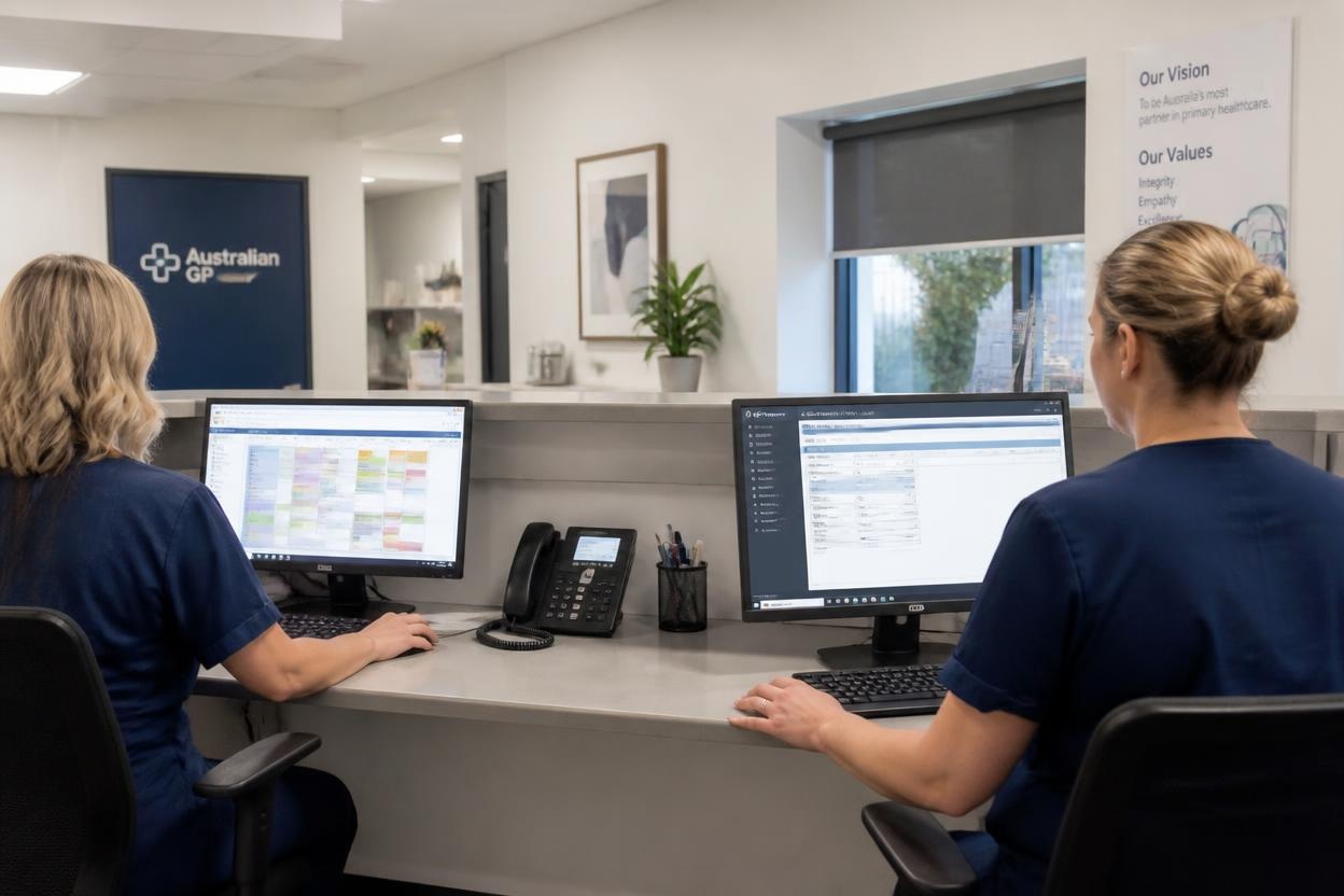 GP clinic admin staff at multiple workstations using practice management software