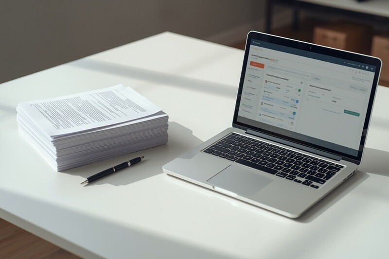 Before and after: a stack of paper forms beside a laptop showing an automated digital workflow