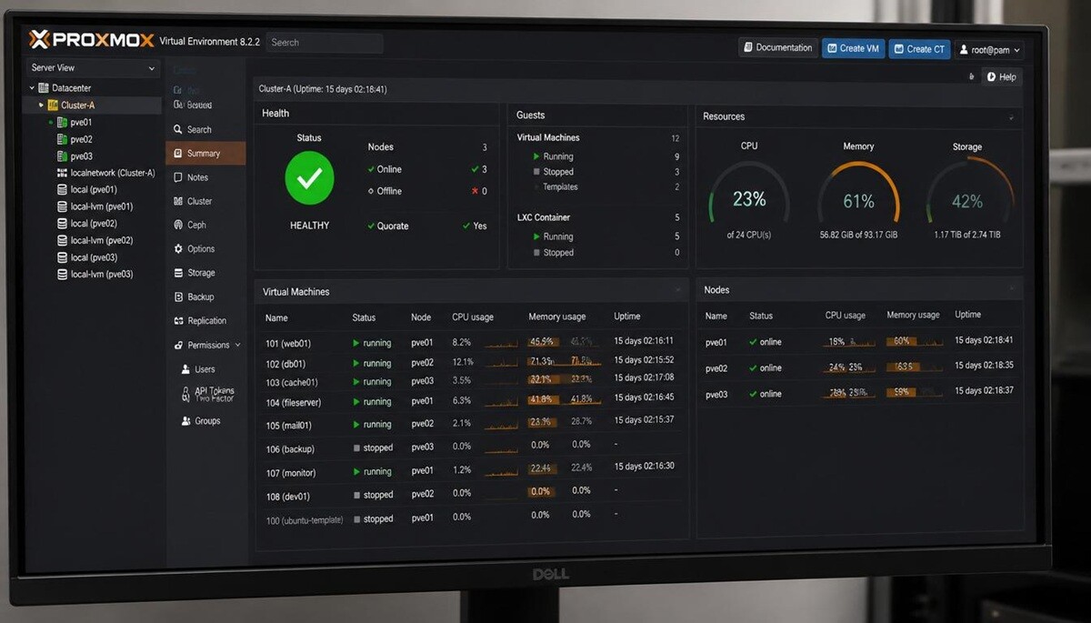 Proxmox cluster management dashboard showing VM status and node health
