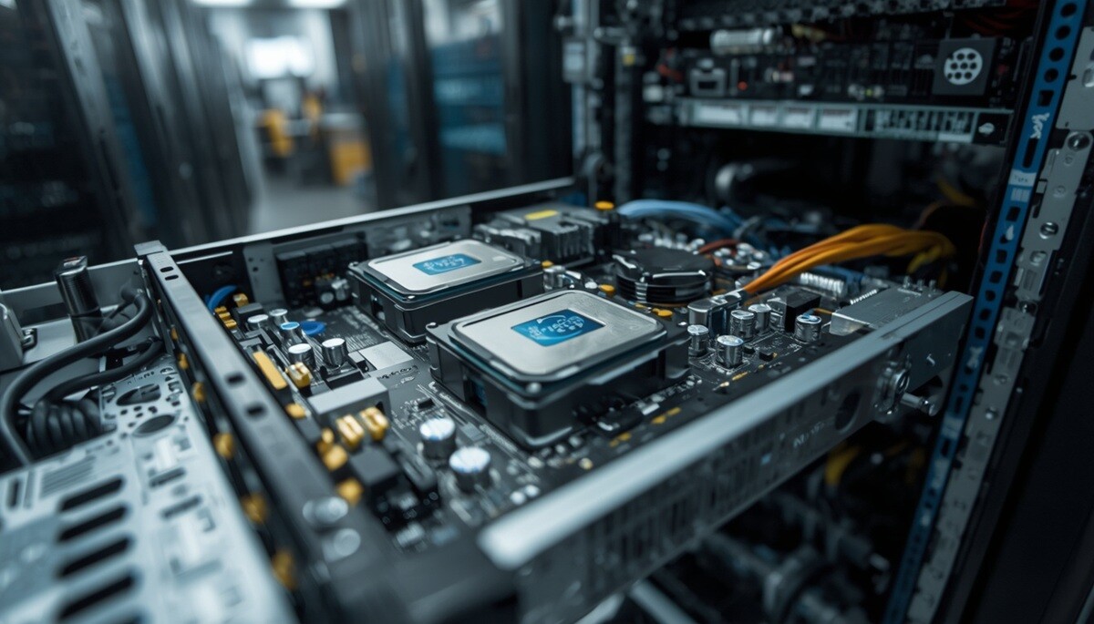 Dual CPU sockets with heatsinks in an open server chassis, illustrating per-socket pricing