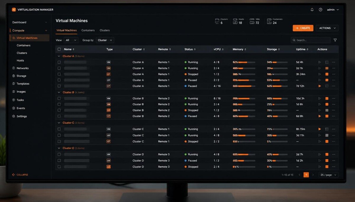 Technician racking a 2U Proxmox server with orange front-panel LEDs