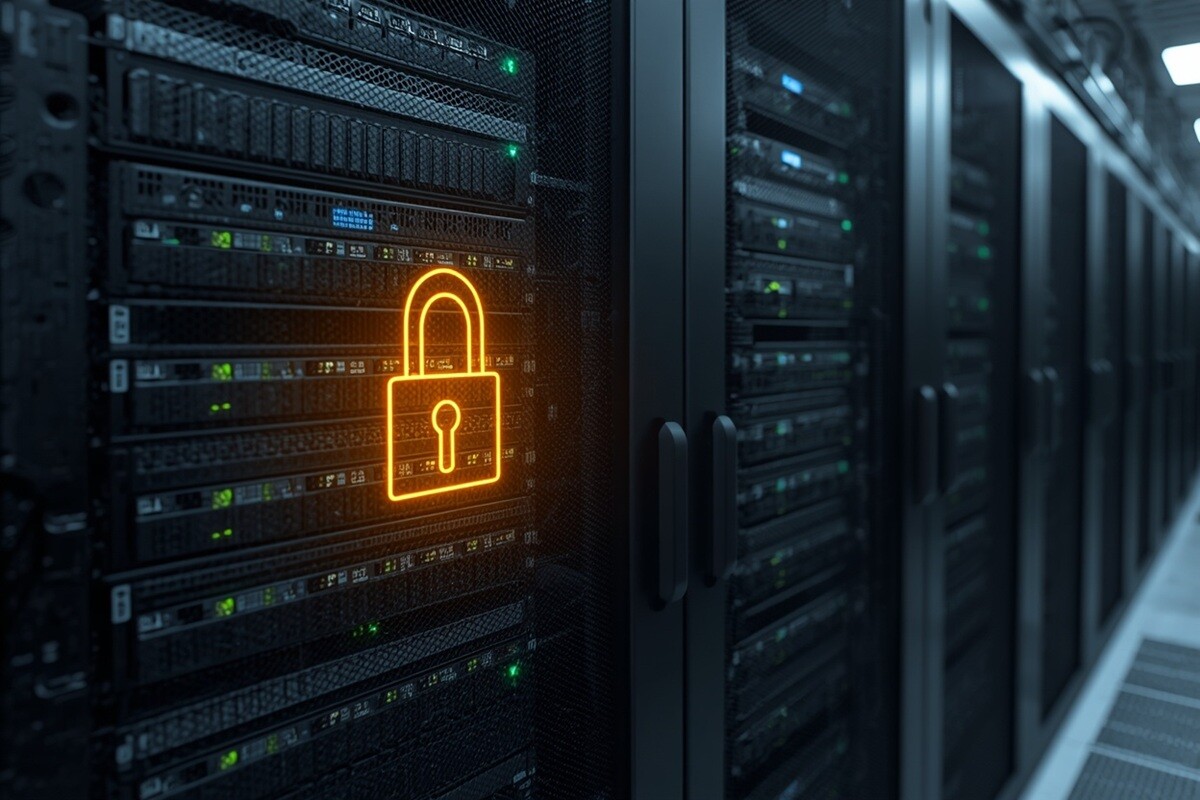 Server rack with NVMe backup storage array and an encryption padlock motif