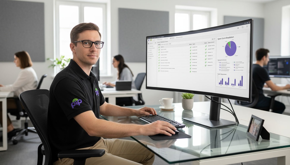 PIP technician reviewing a Proxmox Mail Gateway quarantine interface with spam score breakdown