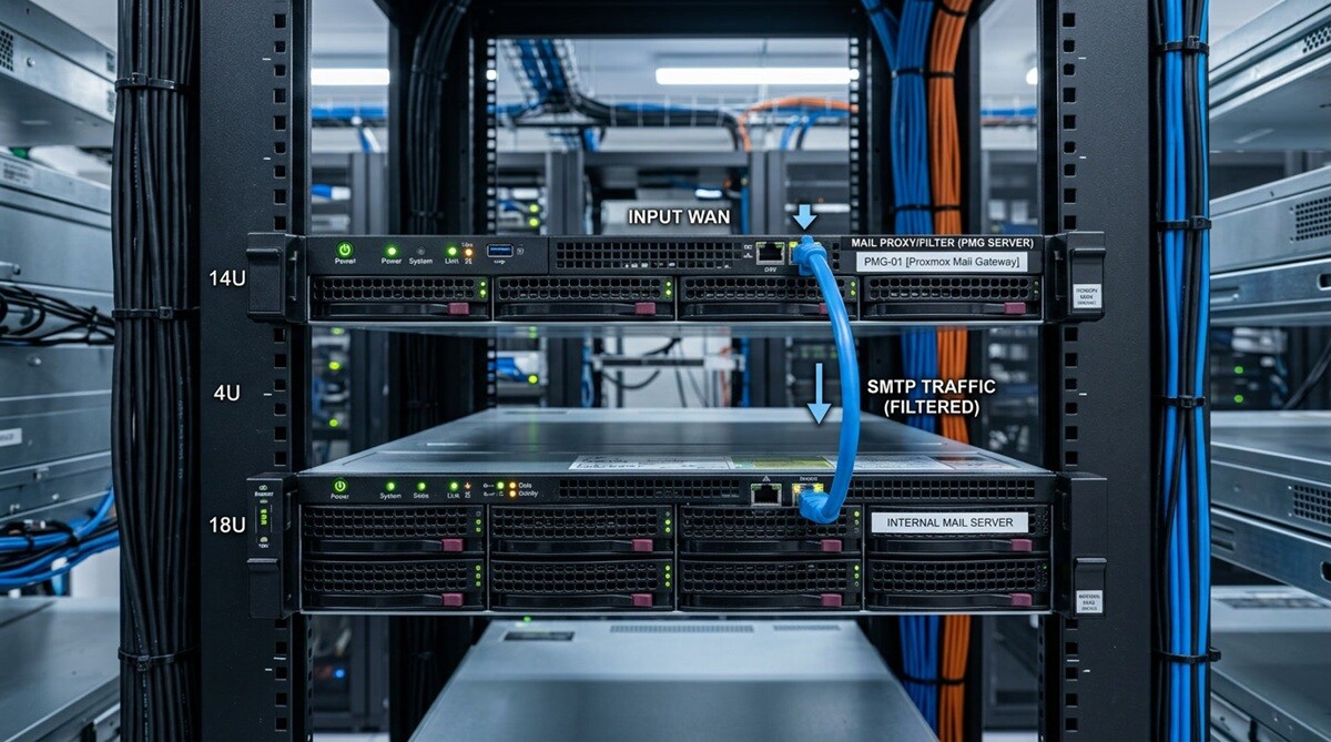 Mail proxy architecture — PMG server filtering in front of an internal mail server