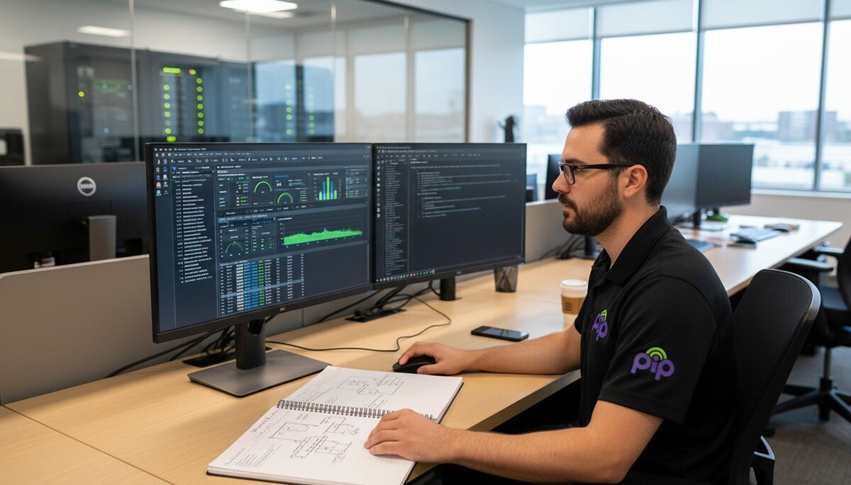 PIP technician reviewing infrastructure documentation alongside a Proxmox dashboard
