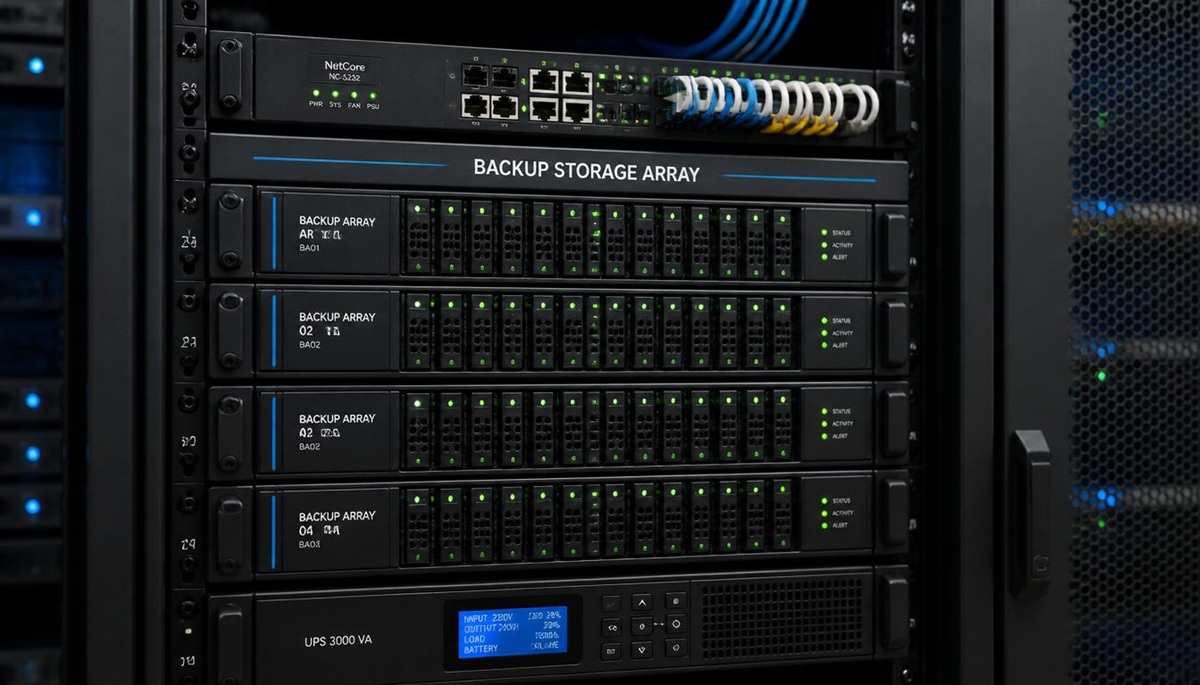Clean server rack environment with backup storage units, green indicator lights and orderly cabling