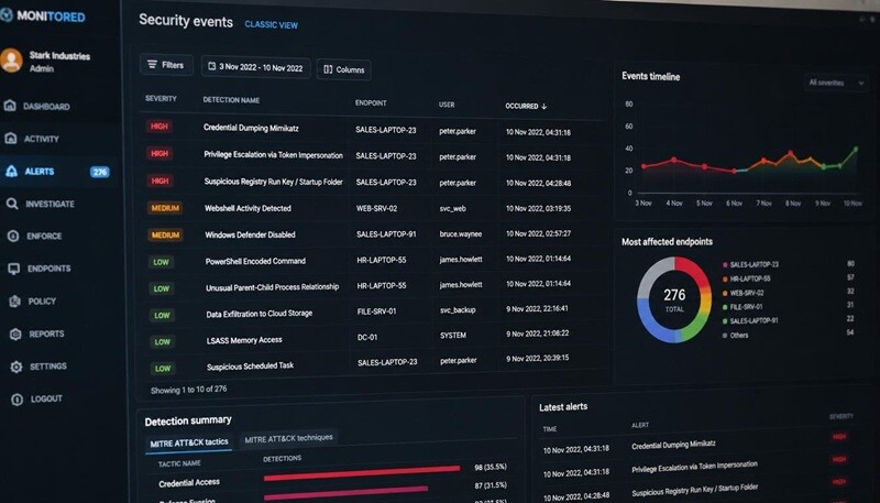 Security monitoring interface with endpoint detection alerts and threat log on screen