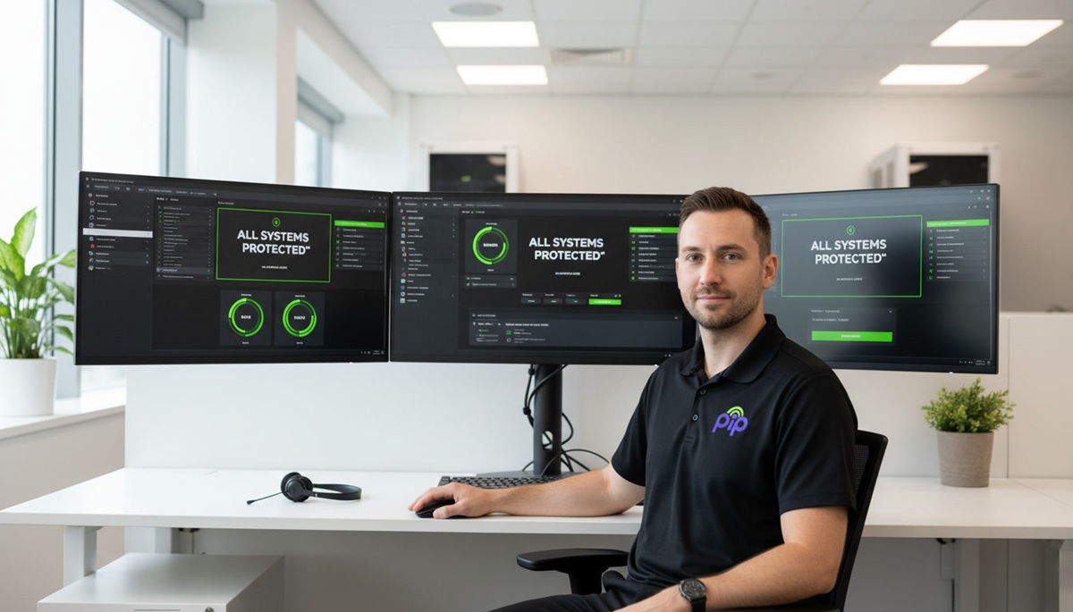 PIP technician at monitoring workstation with endpoint security dashboards showing green status indicators