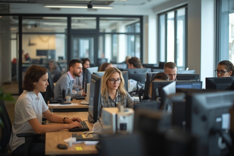 Open-plan Sydney office with staff working at desks, modern but not corporate-glossy, natural light