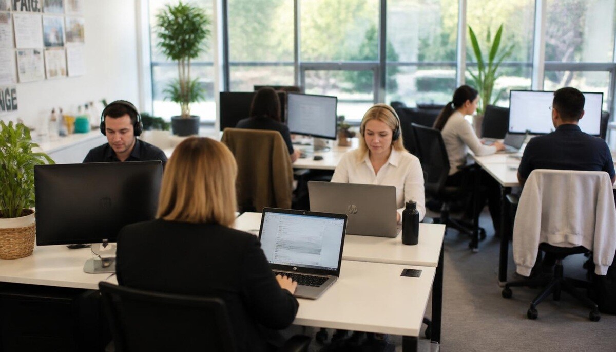 Open-plan Sydney small business office with staff working on HP laptops, some on video calls with headsets